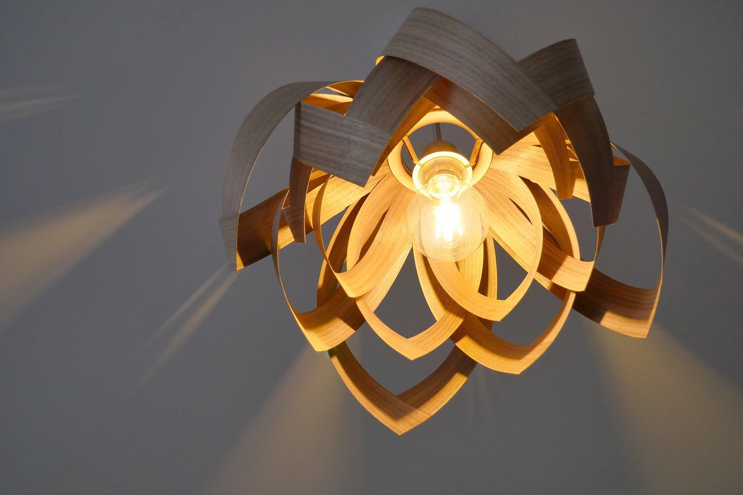 L18O, 50cm Handmade pendant lamp from walnut veneer.