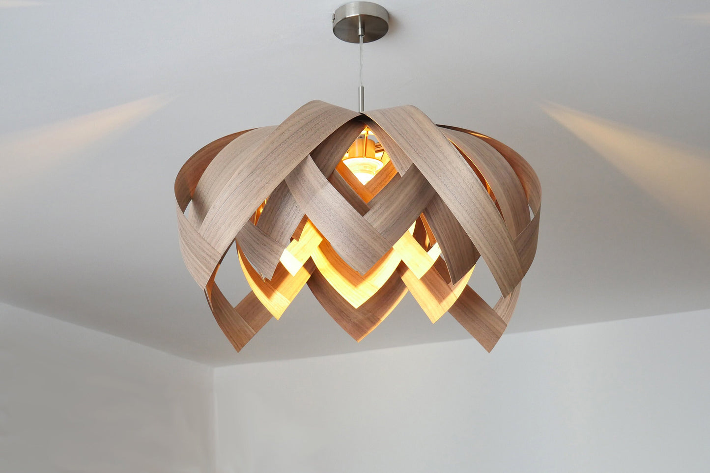 L18O, 70cm Handmade pendant lamp from walnut veneer.