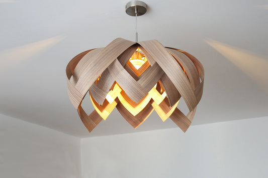 L18O, 70cm Handmade pendant lamp from walnut veneer.