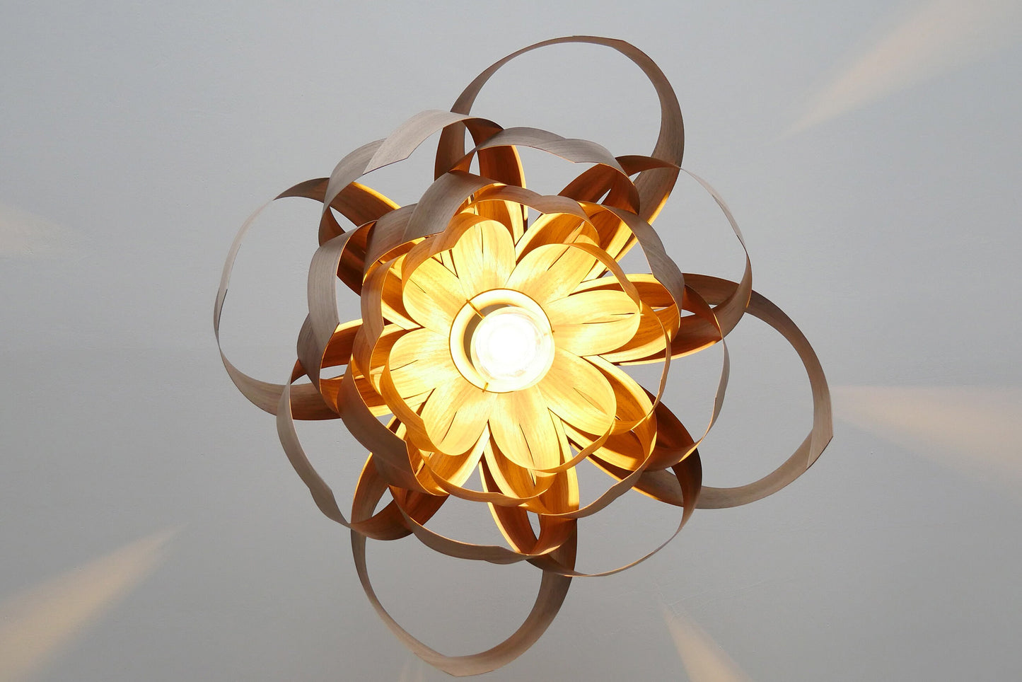 L18O, 70cm Handmade pendant lamp from walnut veneer.