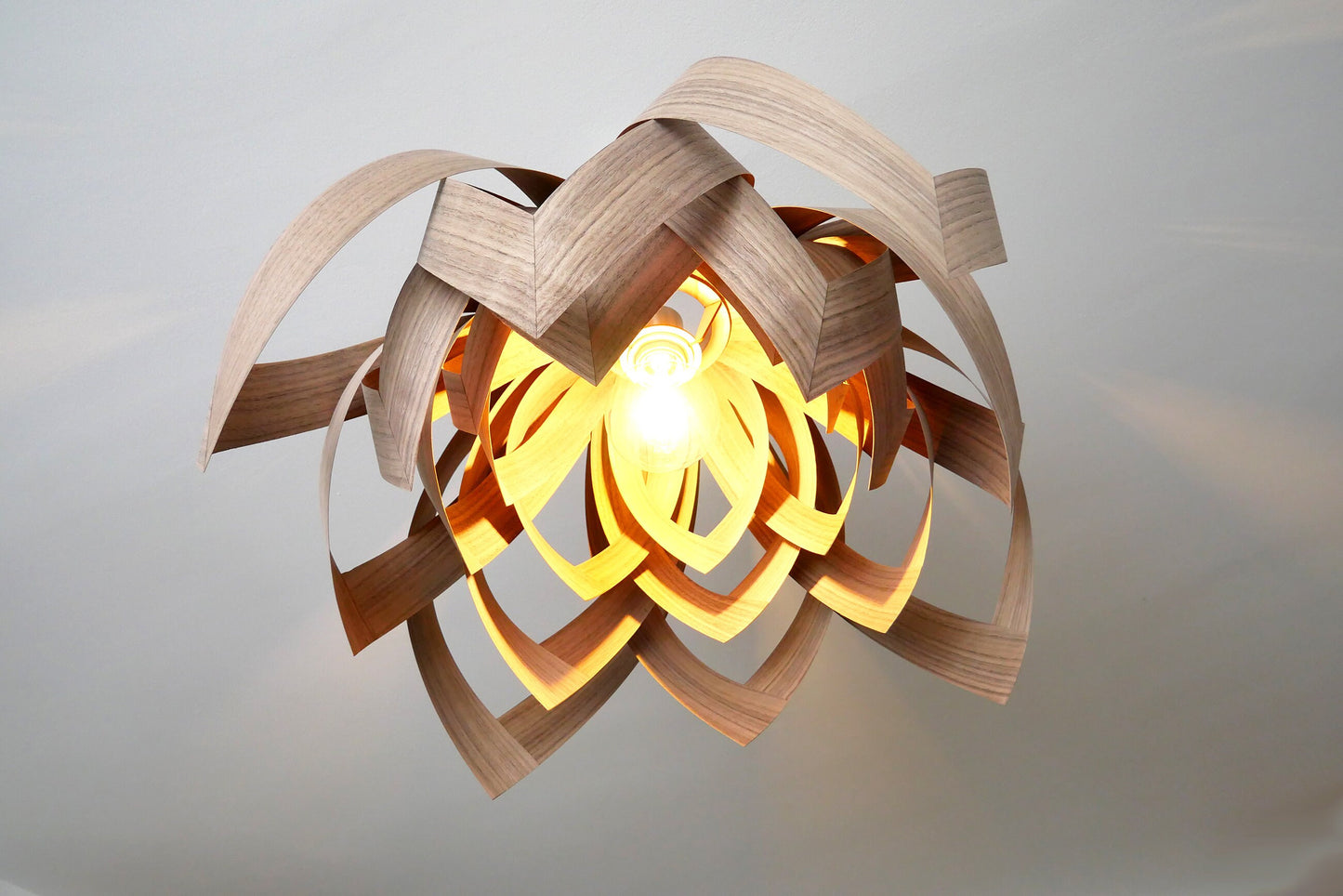 L18O, 70cm Handmade pendant lamp from walnut veneer.