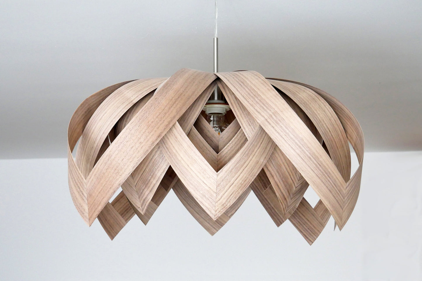 L18O, 70cm Handmade pendant lamp from walnut veneer.