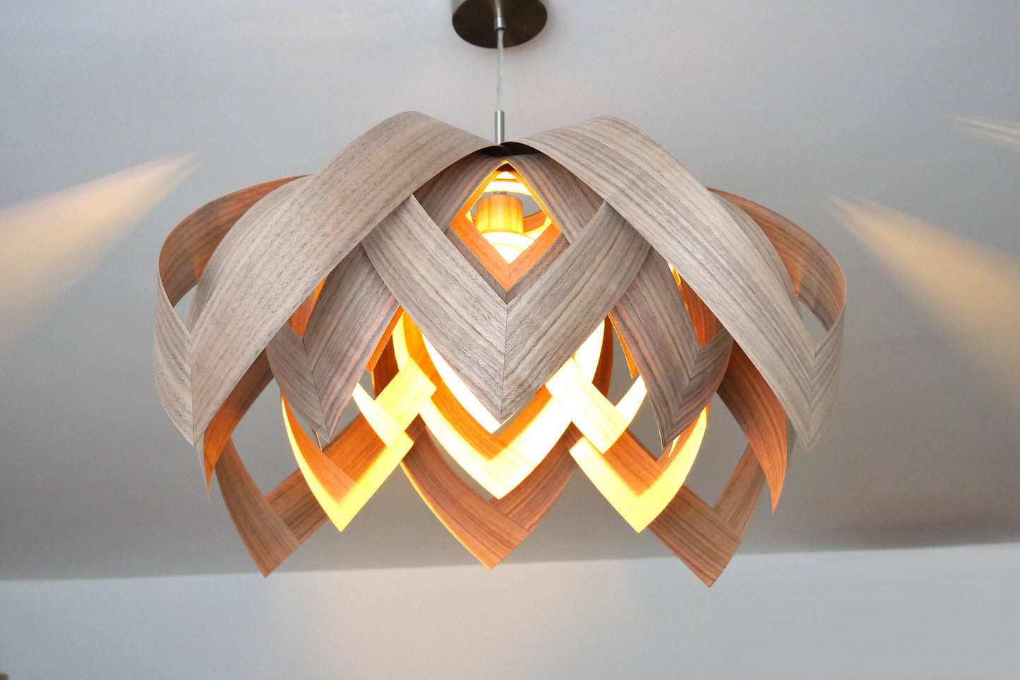 L18O, 70cm Handmade pendant lamp from walnut veneer.