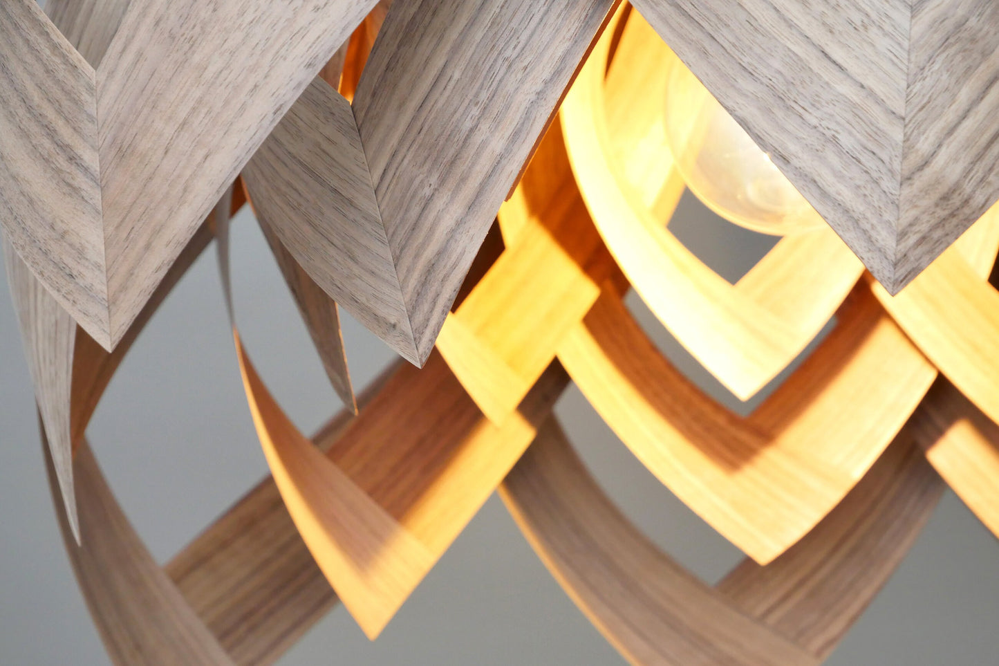 L18O, 70cm Handmade pendant lamp from walnut veneer.